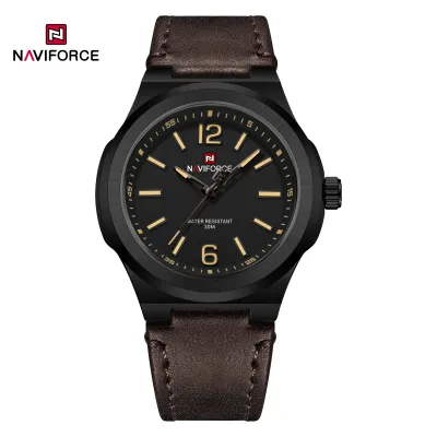 NAVIFORCE 9233 Classic Quartz Leather Men's Wristwatches Casual Wild Man Clock 30m Waterproof Male Watches with Seiko Movement - Black Yellow DarkBrown